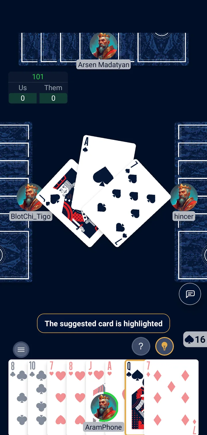 A game of Armenian Bazar Blot at the Belote Club table on a phone, with the suggested card highlighted